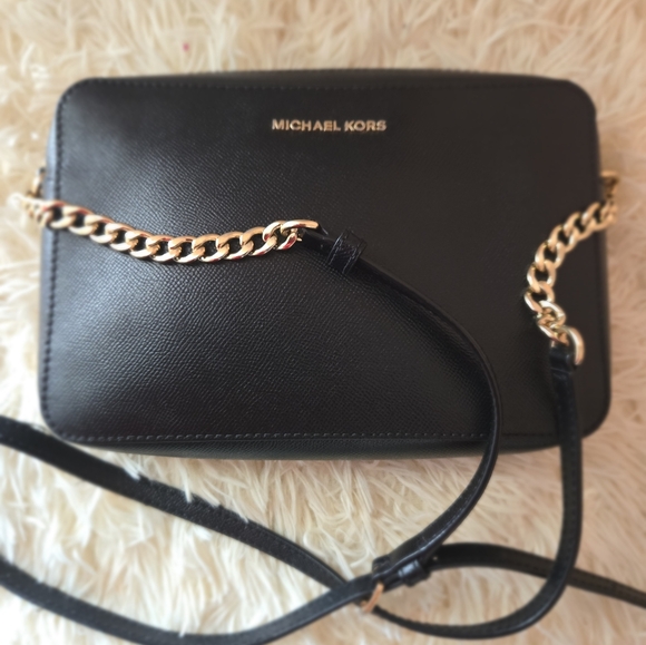 Michael Kors Women Jet Set Travel Bag Black Gold Hardware Long Strap Crossbody - Picture 2 of 12